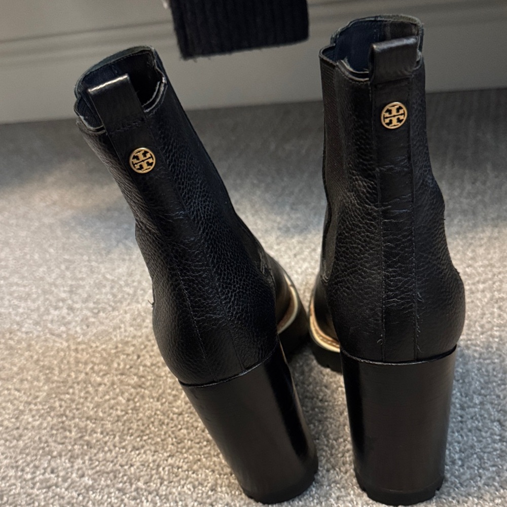 Tory Burch Black Heeled Boots with Gold Accent